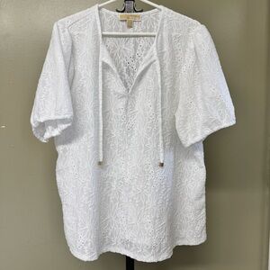 Michael Kors Textured White Top Blouse Tie Neck Gold Metal Accents PLUS 2X